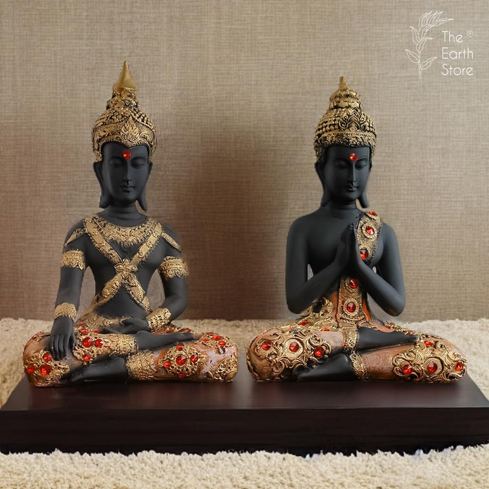 The Earth Store Kings of Serenity - Set of 2 Buddhists Kings Black & Golden with Red Diamond Pattern - Exquisite Home Décor Statue | Sculpture | Showpiece Items | Figurine for Home Décor