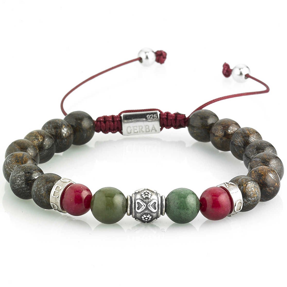 Pulsera GERBA con hilo macramé hecha a mano con piedras ágata, Ojo de Tigre Rojo, Sodalite 8 mm, Logo y componentes de plata 925.Nexos.