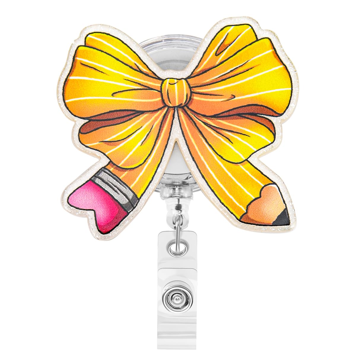 Yellow Pencil Bow Teacher Badge Reel Retractable Clip Teacher Graduation Thank You Gifts for Her Women Badge Holder Work Office Alligator Clip Badge