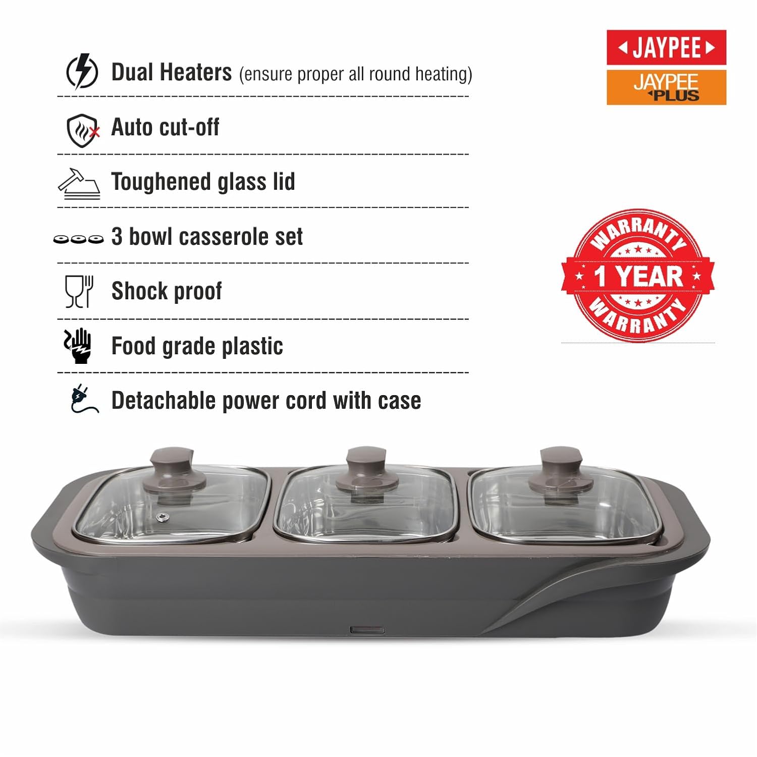 Jaypee Plus 1000 ml Stainless Steel Chafing Dish | Rustproof with Auto Cut Off Feature | 3 in 1 Electric Casserole for Food Warmer & Buffet Serve - (Grey) 2 61RpstViVTL. SL1500