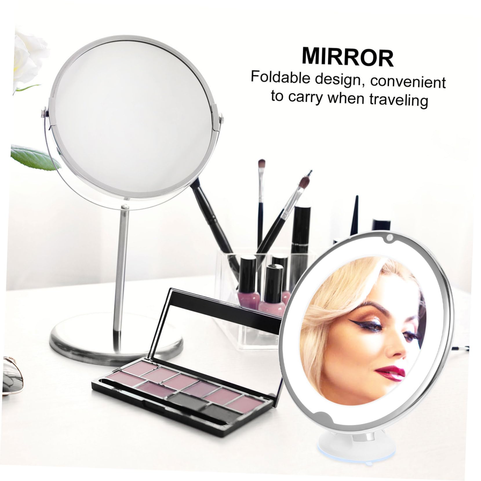 Mikinona Miroir de Maquillage LED X10, Miroir Grossissant Rotatif de Bureau, Abs et Verre, Éclairage Lumineux pour Maquillage la Maison