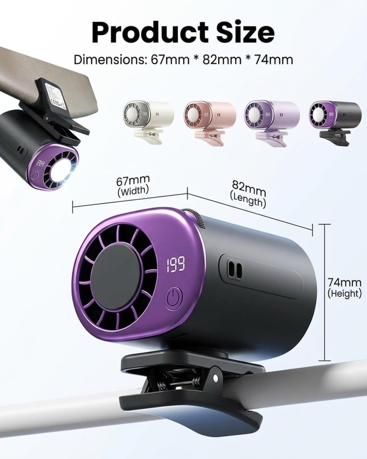 Ventola per condizionatore d'aria 2026 con clip per auto, con display a LED, mini sistema di raffreddamento portatile per auto, gadget alimentato a batteria ricaricabile tramite USB, rotazione a 360°