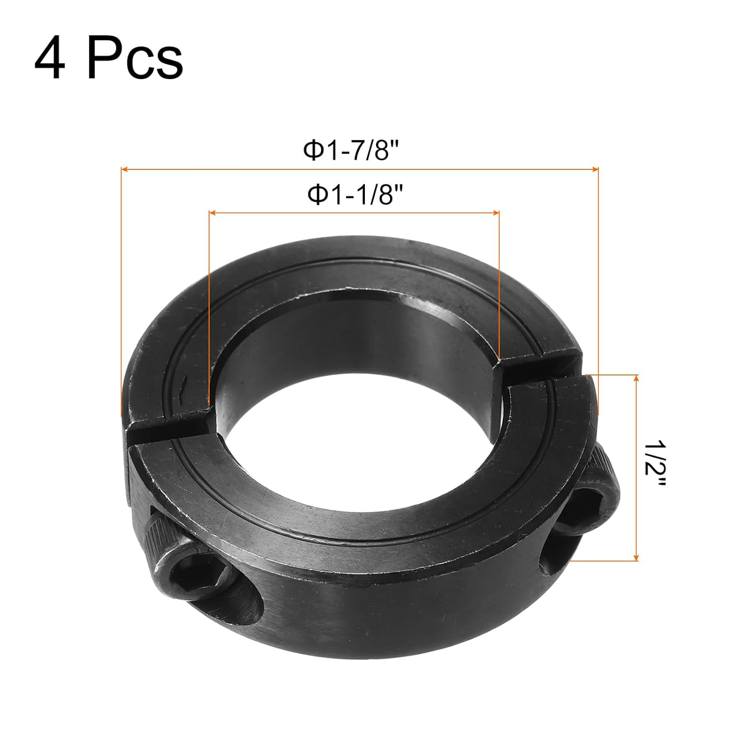 MECCANIXITY Shaft Collar 1 1/8" Bore Double Split Carbon Steel Clamping Collar Shaft Collars with Set Screw Black 4 Pack