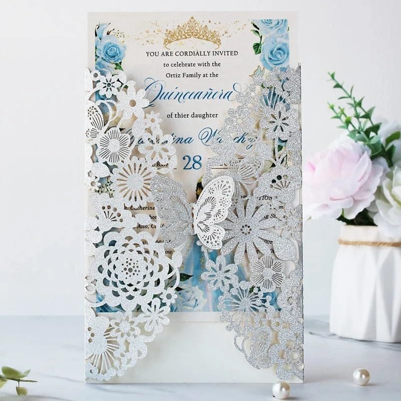Hochzeitskarte 20 Set Schmetterling Einladungskarten Spitze Hochzeitseinladungen mit Umschlägen(Silver)