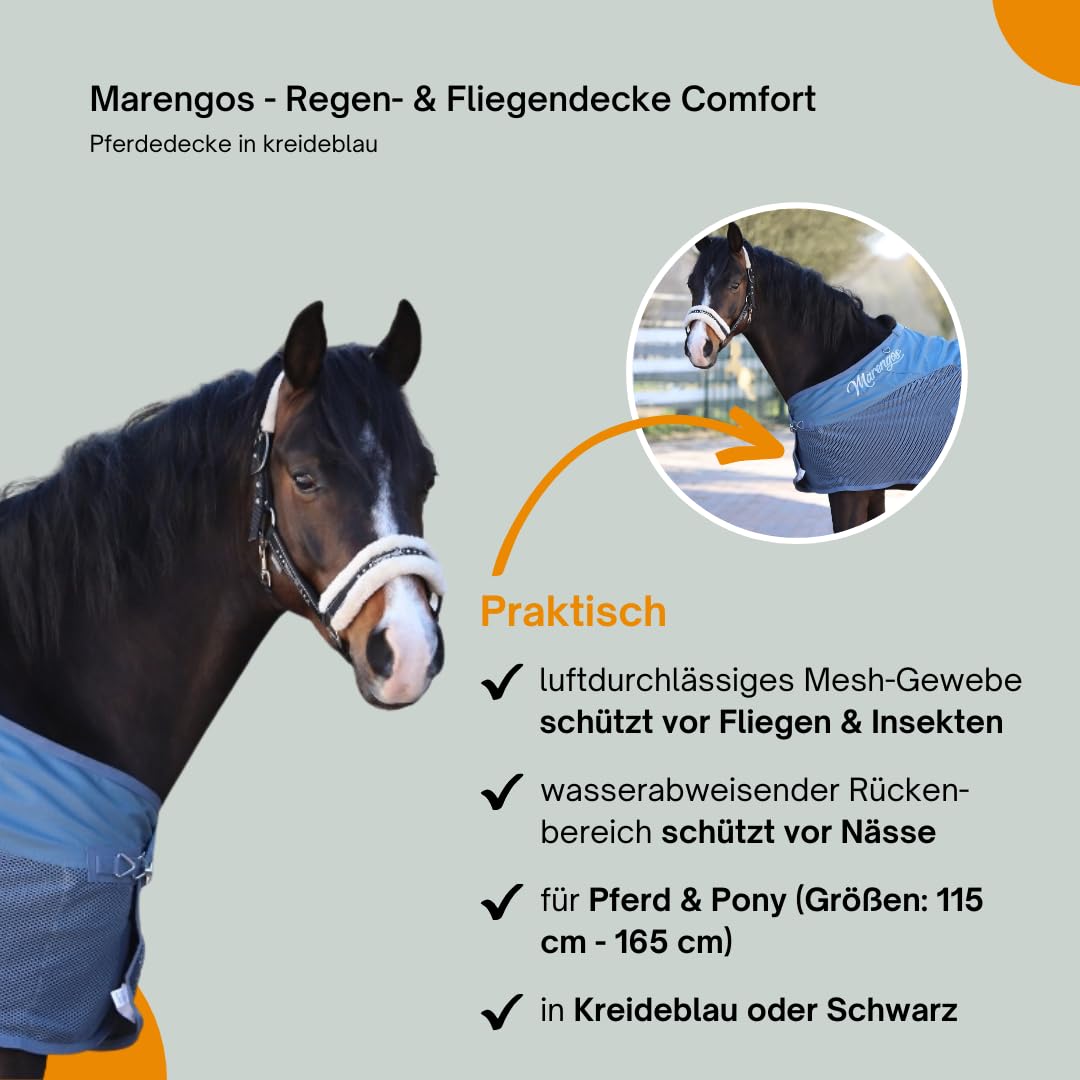 Marengos - Regen- & Fliegendecke Comfort – Pferdedecke mit Mesh, Kreuzgurten, Triplex-Verschluss & Ringe für Halsteil – reißfeste Regendecke – Outdoordecke f. Pferde – Kreideblau – 135cm | Pferdedecke mit Mesh, Kreuzgurten, Triplex-Verschluss & Ringe für
