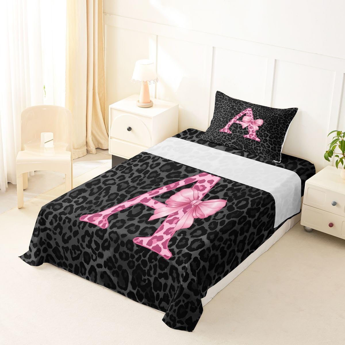 Erosebridal Initial Letter A Leopard Print Bed Sheets Set Twin Size image 2
