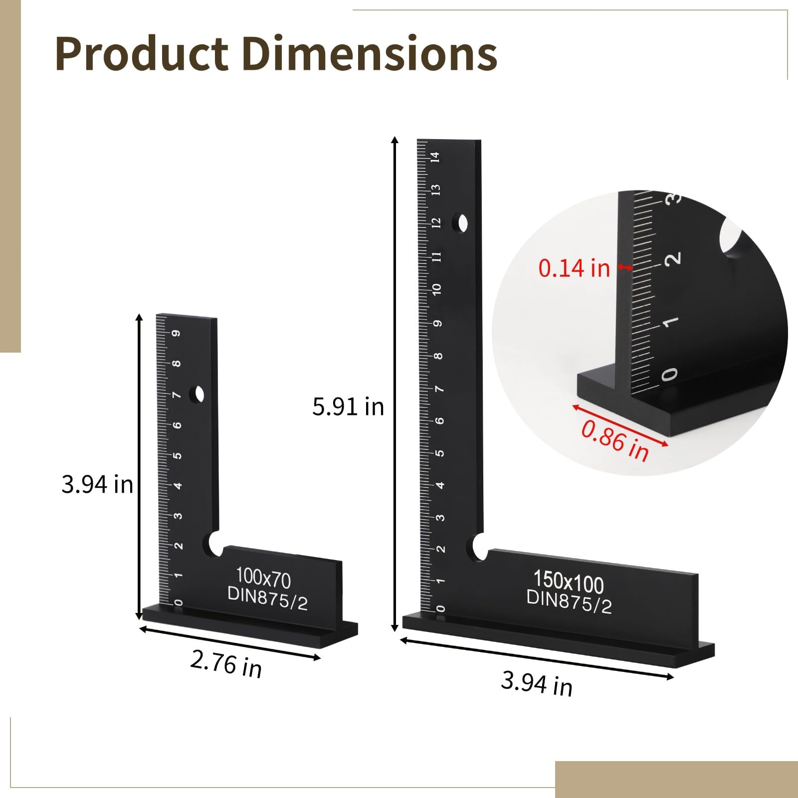 Lot de 2 équerres de menuisier 90°, règles d'angle avec échelles de mesure, équerres de traçage de précision, aluminium pour atelier, pour travail du bois et métal, 100 x 70 mm et 150 x 100 mm