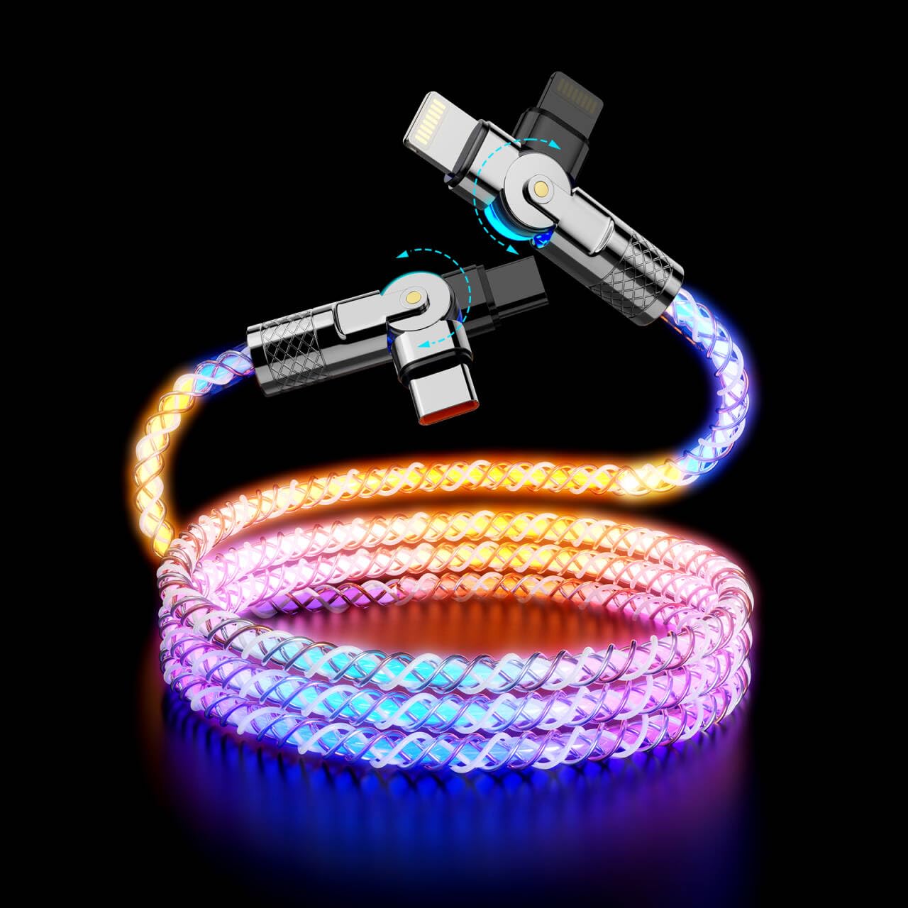Bidirectional 90 Degree LED Light Up Colorful Flowing USB C-Lightning iPhone Charge Cable,180°Rotating Angle Car RGB Glowing Charger Cord for Apple iPhone 14/13/12/11 Pro Max/XR/XS/SE