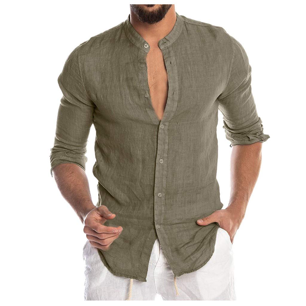 Beautyfine Men's Long Sleeve Shirt Casual O-Neck Button Solid Beach Top Blouse