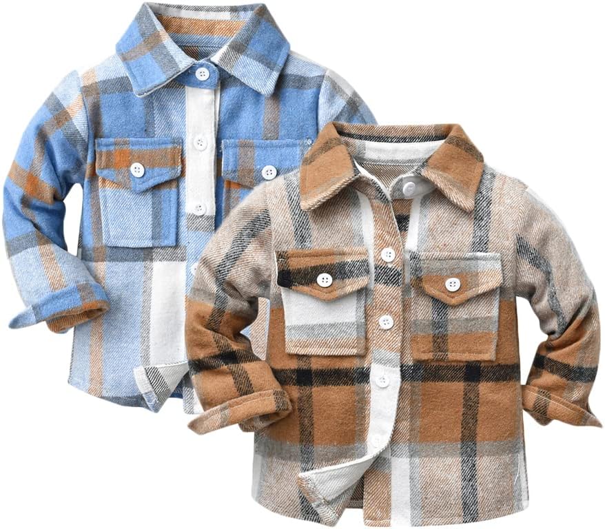 Feidoog Toddler 2 Pack Baby Boys and Girls Plaid Shirts Jacket Long Sleeve Lapel Button Down Top Outwear Clothes