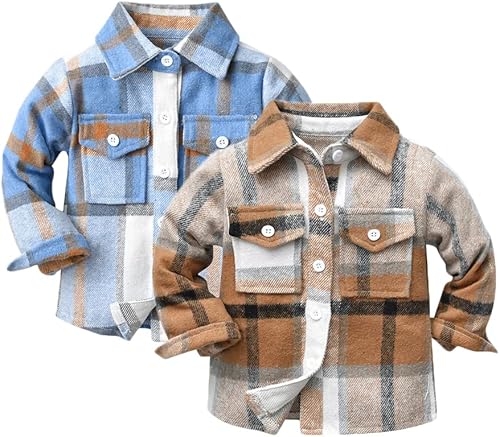 Feidoog Paquete de 2 camisas a cuadros para bebé, niños y niñas, con manga larga, solapa, botones, estilo chaqueta, ropa de uso exterior