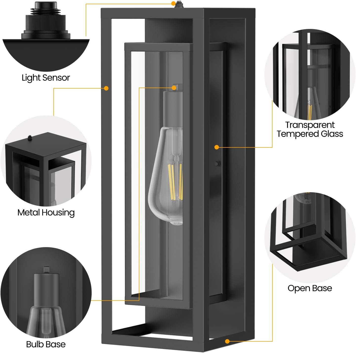 AIBISDO 18In Large Dusk to Dawn Outdoor Wall Light -2 Pack, Waterproof Outdoor Garage Lighting Fixtures with Clear Glass Shade, Auto On/Off Porch Light for Patio, Garage, Front Door（Black）