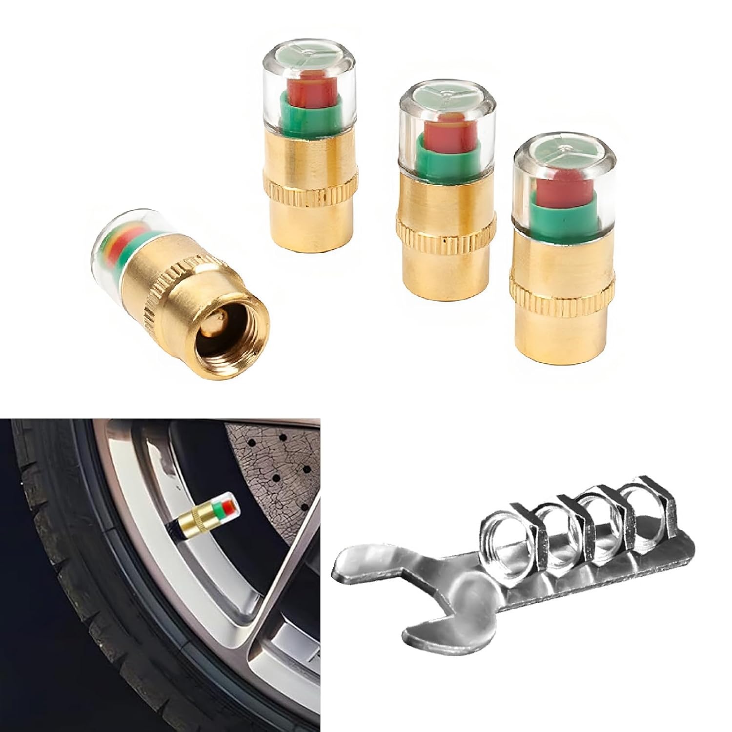 Car Tire Pressure Monitor Valve Caps,All-Copper Version, 4 Pcs,Three-Color Visible Valve Stem Cap Indicator,Tyre Valve Cap for Cars,SUVs,Trucks,Motorcycles,Bicycles (Including Installation Tools)
