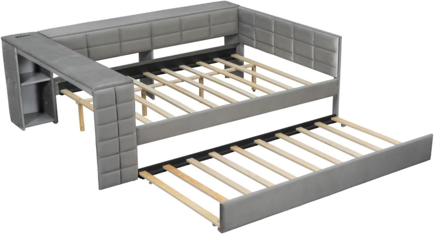 Full Size Upholstered Daybed with Trundle and Desk Built-in USB Charging Station, Velvet Day Bed Frame with Storage Shelves, No Box Spring Needed for Boys Girls Kids Adults, Gray