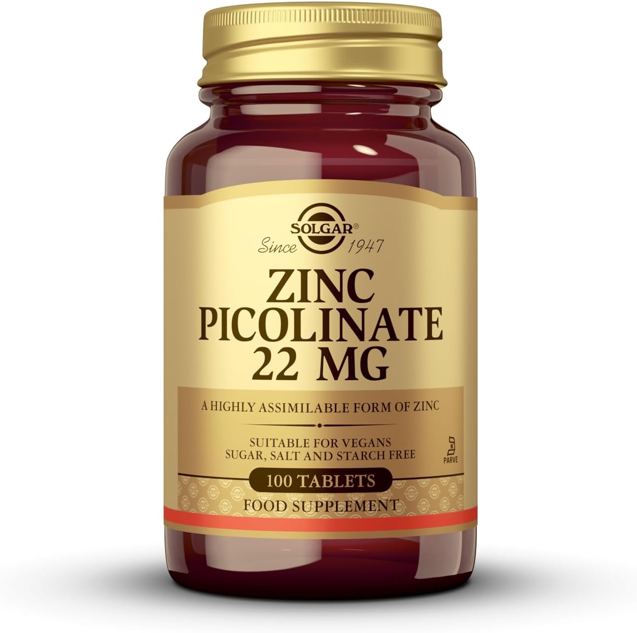 Solgar Zinc Picolinate 22 Mg Tablets - Healthy Skin, Hair and Nails - Highly absorbable Premium Form, Easy to Swallow - Vegan, Pack of 1, 100 Tablets