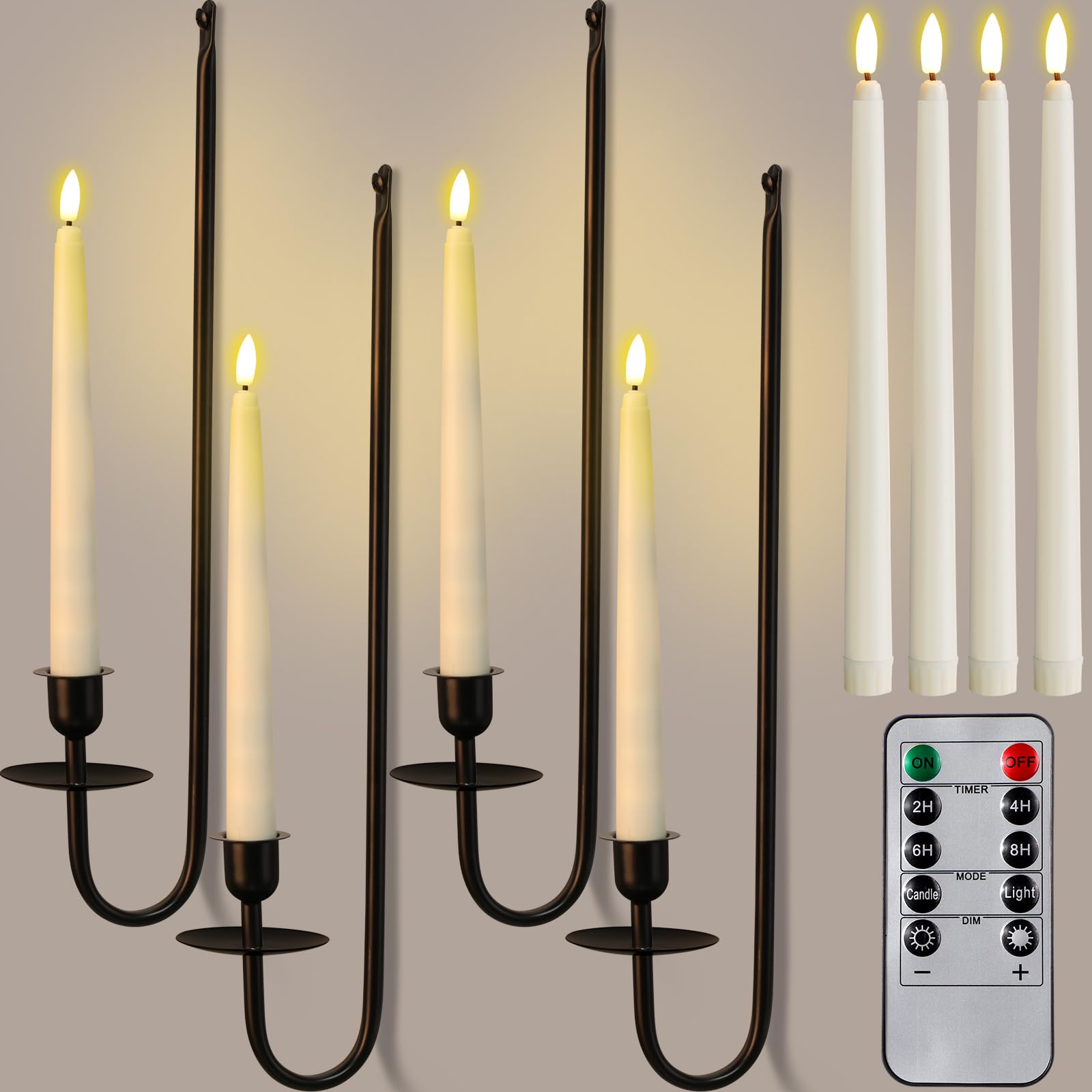 Tessco for you Metalowe kinkiety ścienne z bezpłomieniowymi świecami stożkowymi LED 24,4 cm i zdalnym timerem, 42 cm, zestaw kinkietów ściennych do salonu, kominka, korytarza, schodów, czarne, 4