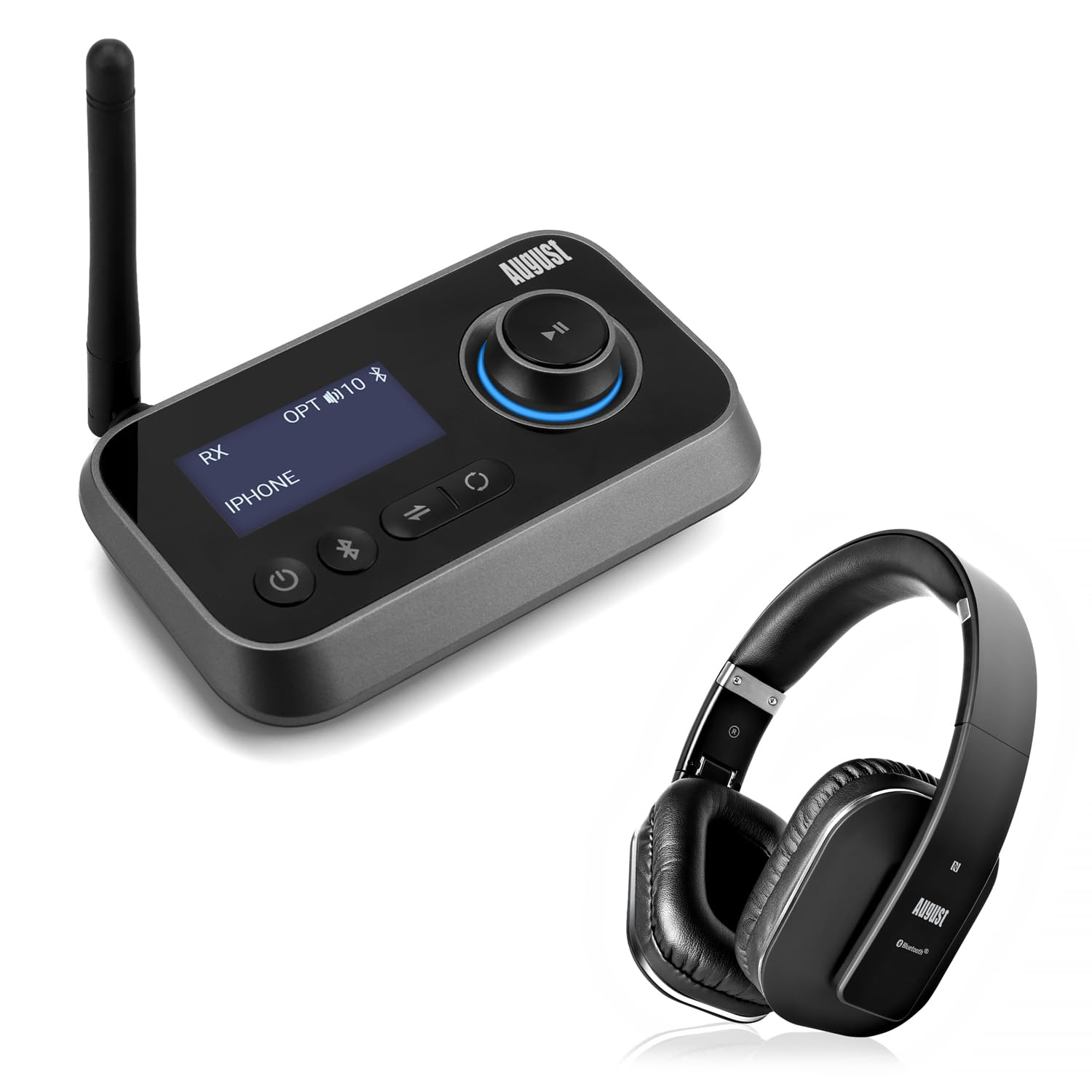 August MR280 Receptor Transmisor Bluetooth Adaptador + EP650 Auriculares para PC TV Auriculares, Baja latencia, Modo Bypass, Enlace Dual Multipunto para 2 Dispositivos - AUX Jack RCA Óptico USB-C