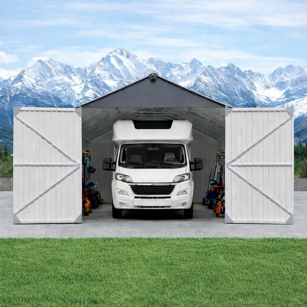 ZMAD 12x20x9.3 FT Heavy Duty Metal Garage Shed, Outdoor Storage Building with Double Doors & 2 Windows, Waterproof All-Weather Steel Carport for Car Truck Motorcycle & Lawnmower
