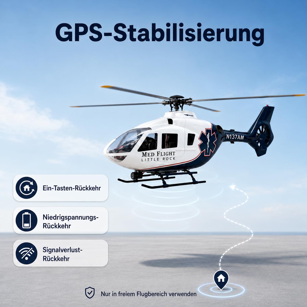 EC135 450 Scale RC Helikopter für Erwachsene, Professioneller 6CH Hubschrauber mit GPS Positionierung, Bürstenloser Motor & GFK-Rumpf, Realistisches 4-Blatt Rotorsystem RTF (Blau-Weiß)