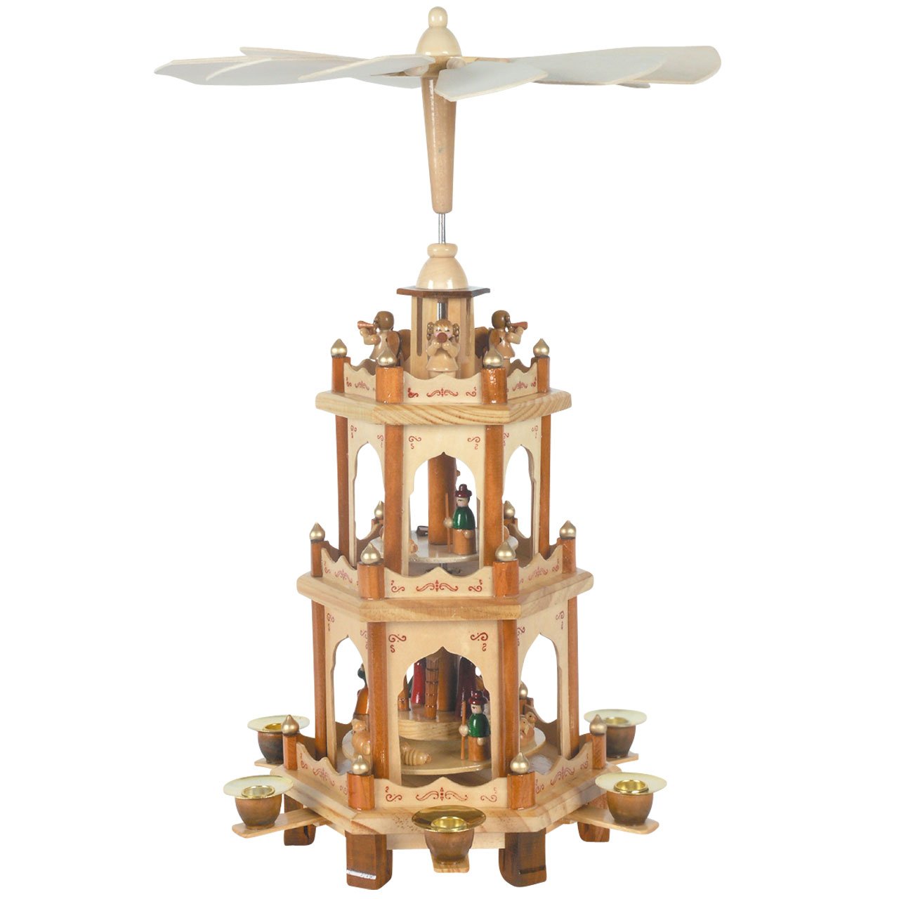 Weihnachts-Pyramide, 3 Motive in 3 Etagen, H: 43 cm, Natur, handbemalt im Kunsthandwerks-Stil