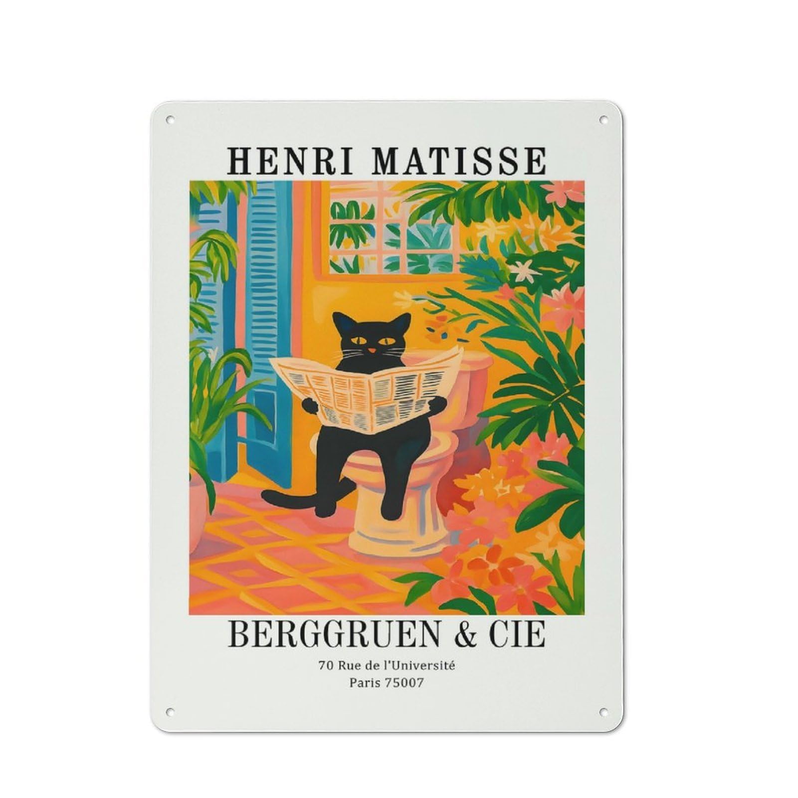 Junmoney Style-5 Henri Matisse Cat Reading Newspaper Everyday Metal Wall Decor 40X30cm, Decorative Tin Plaque For Flat, Dorm Room, Lounge Or Cafe