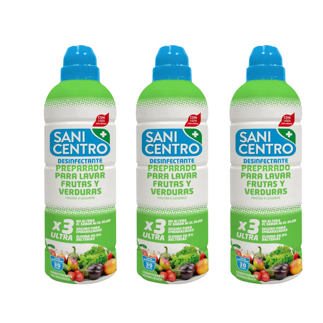 Desinfectante para Frutas y Verduras, con Lejía, Ultra Concentrado, Elimina 99,9% Bacterias, Pack 3 Unidades
