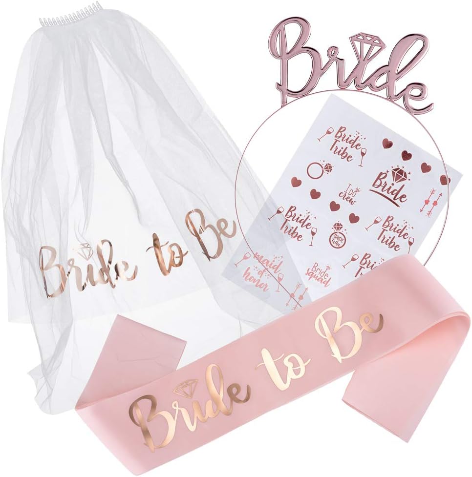 Moreena Hen Party Bride to Be Rose Gold Accessories Set for Bridal Shower, Hen Do Wedding Veil, Rose Gold Wedding Sash, Bride Headband Tiara, Temporary Tattoos for Bachelorette Party