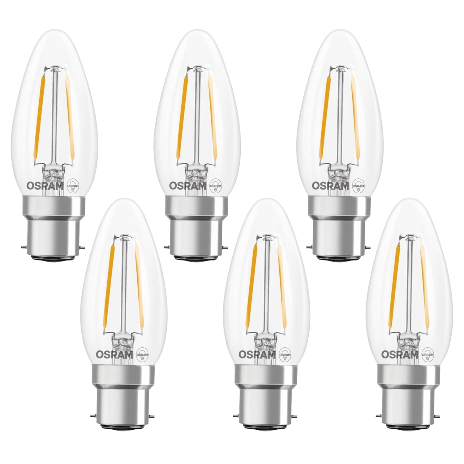 OSRAM LED lamp Star Candle Shape B25 Filament, 2700 K Warm White, 1.8 W, B22d, Clear, 250 lm, 15,000 h, for Table Lamps, Decorative fixtures,6-Pack