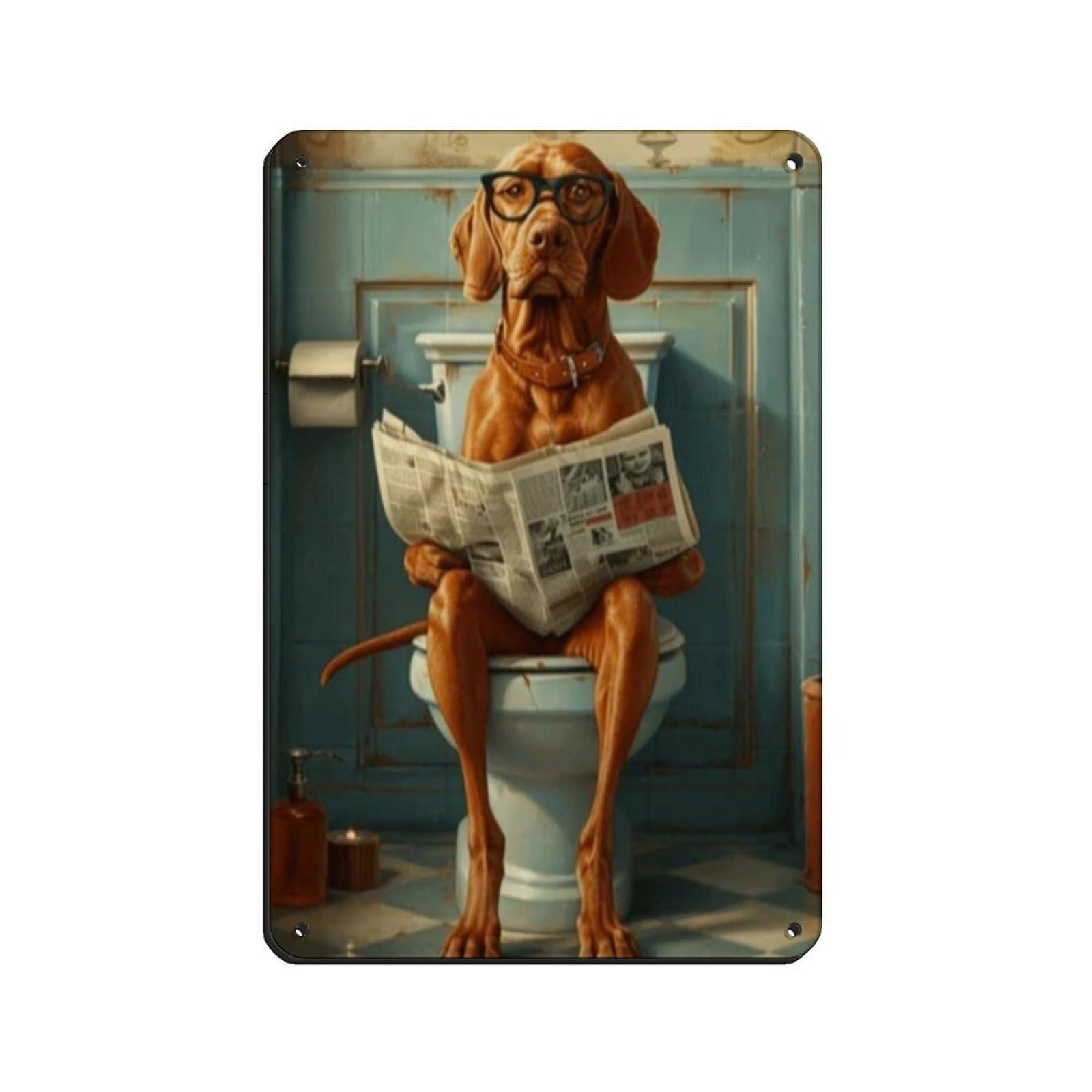 Vizsla on The Toilet And Reading Newspaper Retro Poster Metal Tin Sign Chic Art Retro Iron Painting Bar People Cave Cafe Family Garage Poster Wall Decoration 8x12inch(20x30cm)