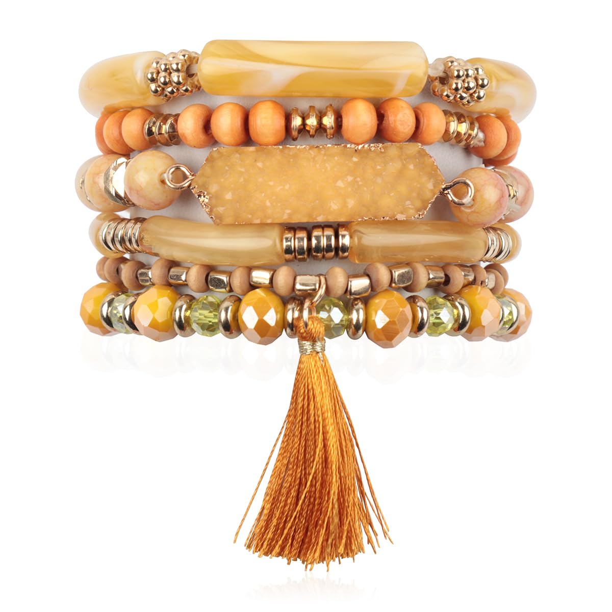 RIAH FASHION Coin Bead Multi Layer Versatile Statement Bracelets - Stackable Beaded Strand Stretch Bangles Sparkly Crystal, Tassel Charm