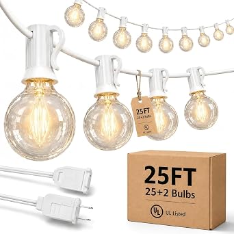 25FT G40 Outdoor String Lights with 27 Globe Clear Bulbs2 Spare Patio String Lights Outdoor Waterproof for Party Wedding Garden Commercial Decoration, 5 Watt Bulbs E12 Base- White Wire