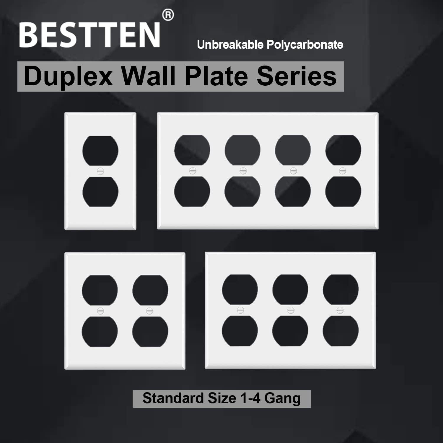 [10 Pack] BESTTEN 1-Gang Duplex Wall Plates Kit, Electrical Outlet Plates, Unbreakable Polycarbonate Outlet Cover and Switch Cover, Standard Size, UL Listed, White