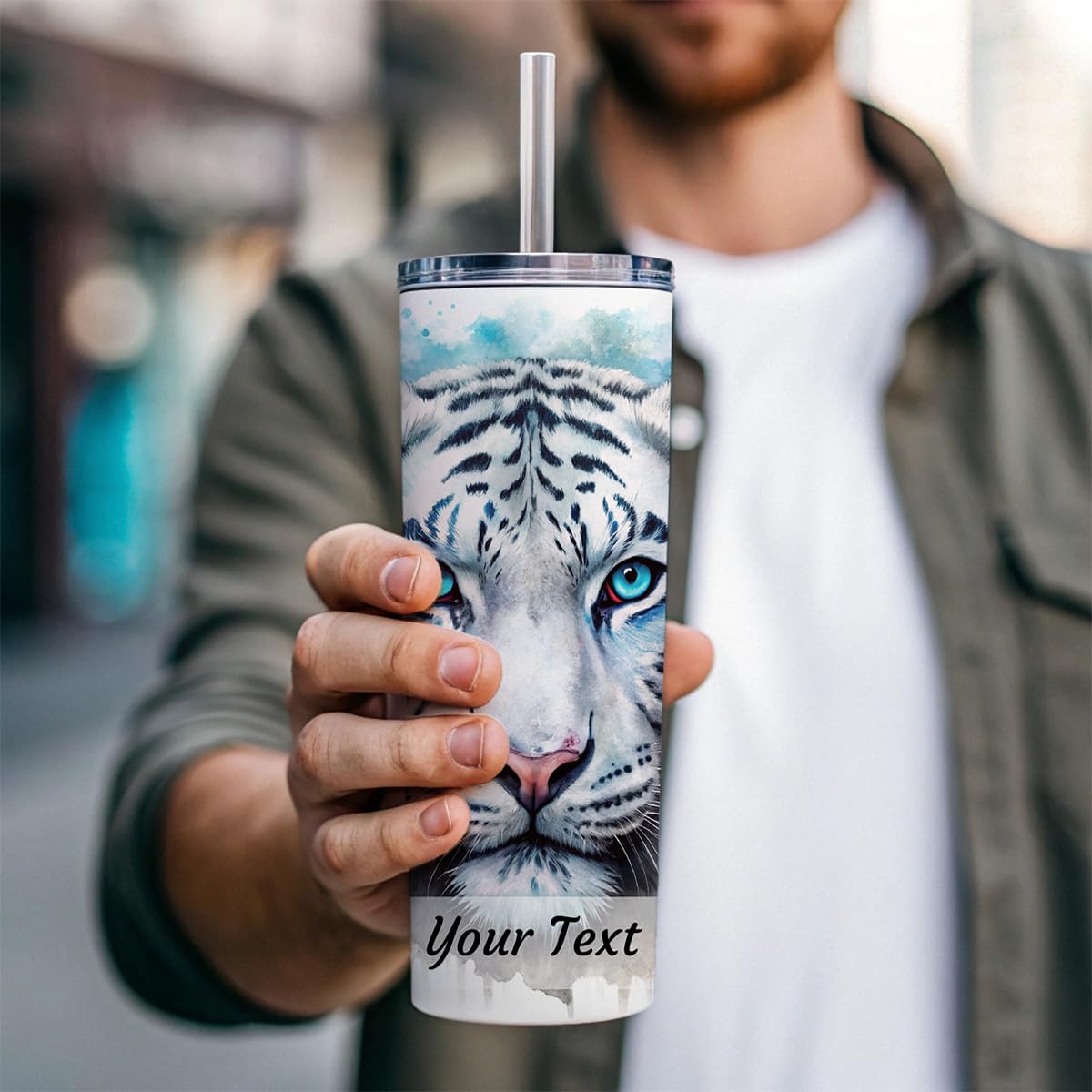 Personalized Custom Name Text White Tiger Face Watercolor Skinny Tumbler 20oz with Straw Insulated Water Bottle Gift - 1 Line Horizontal