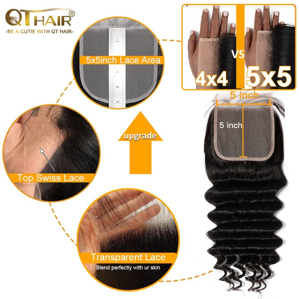 QTHAIR 18A Deep Wave HD Lace Closure 16" 5x5 Swiss Lace Closure Deep Wave Human Hair Pre-Plucked with Baby Hair Curly Closure