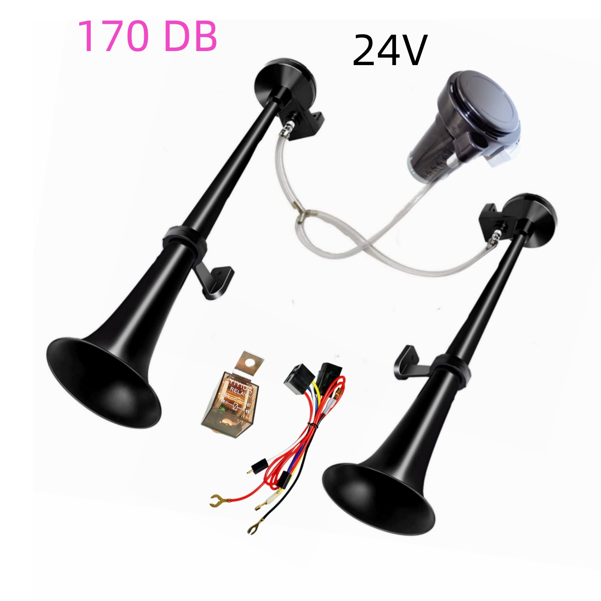 Clacson per auto Corno d'aria per auto 24V Car Horn Tromba a doppio tubo in zinco cromato nero 170db Corno del camion Tono alto e basso con pompa ad aria per Air Horn 24V automobile moto ecc