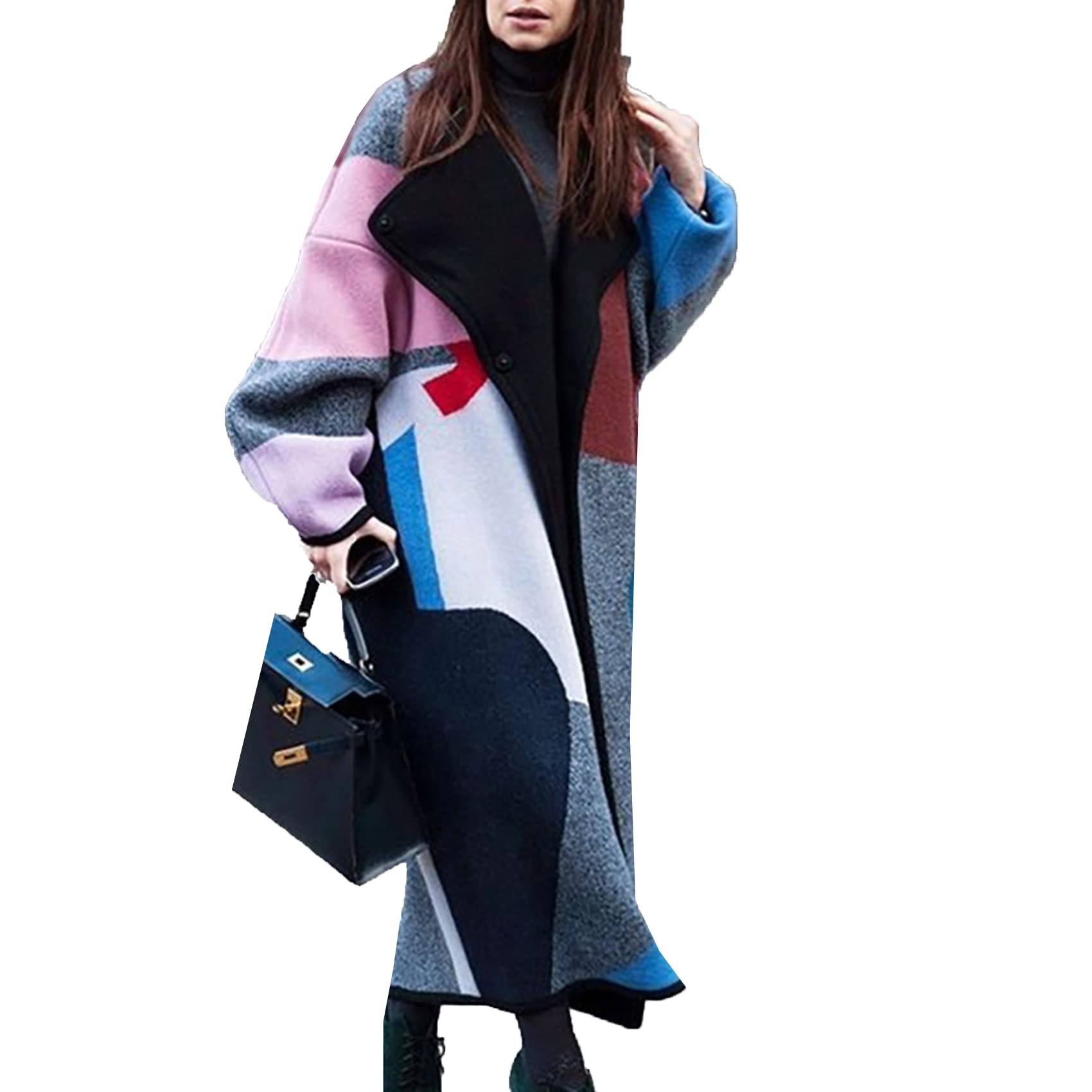 Autunno e Inverno Moda Colore Abbinato Bavero Stampa Digitale Giacca Cappotto di Lana Double Face Donna, XL