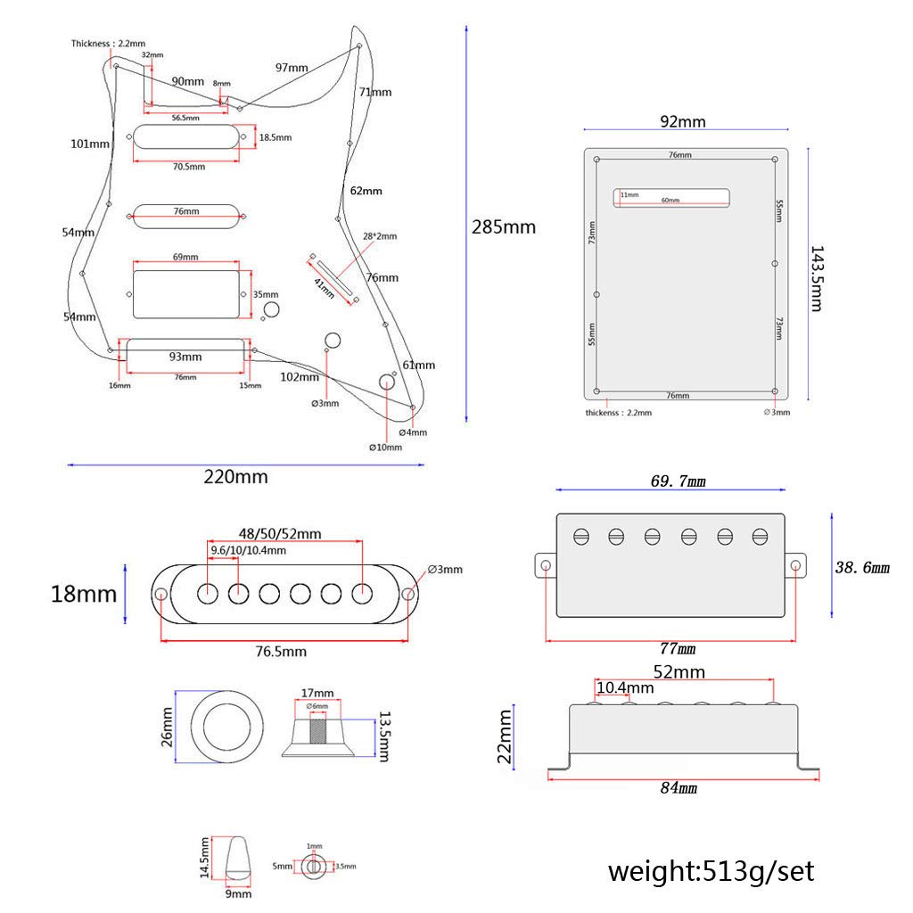 Alnicov Pickguard precableado con carga de guitarra SSH Alnico Pastillas Humbucker de doble riel con cubierta trasera para reemplazo de guitarra eléctrica Strat ST, color blanco