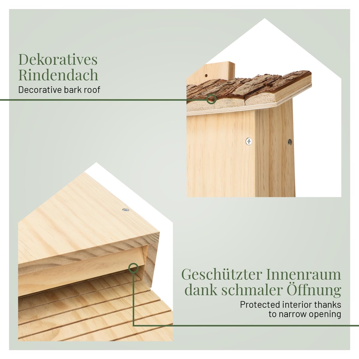 WILDLIFE HOME NABU - Caja para murciélagos pesada grande con tejado de corteza (montado y 100% resistente a la intemperie, atornillado, casa de murciélagos y nido, para verano e invierno)