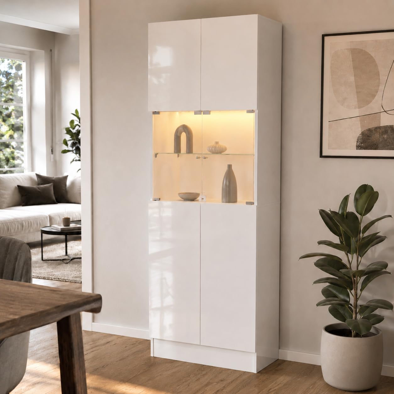 Vitrina de cristal de 180 cm con 4 puertas, iluminación LED de 3 colores, estantería de cristal con 5 estantes, armario para libros de cristal, diseño emergente para colecciones, salón, dormitorio