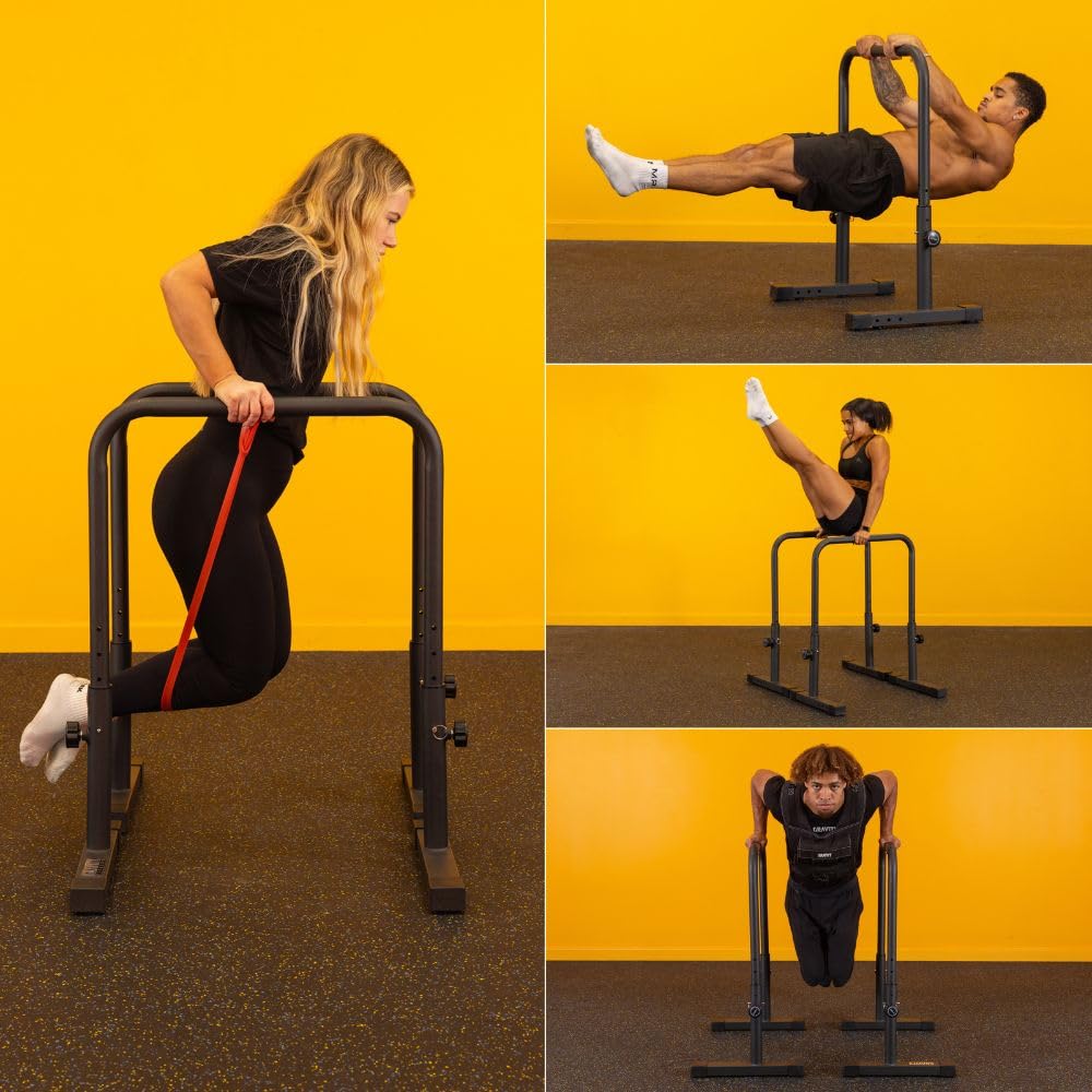 GRAVITY FITNESS Parallele Calisthenics Regolabili – Barre DIP Antiribaltamento per CrossFit, Allenamento Forza, Ginnastica – Impugnatura 38mm Regolabile in Altezza e Larghezza per Home Gym