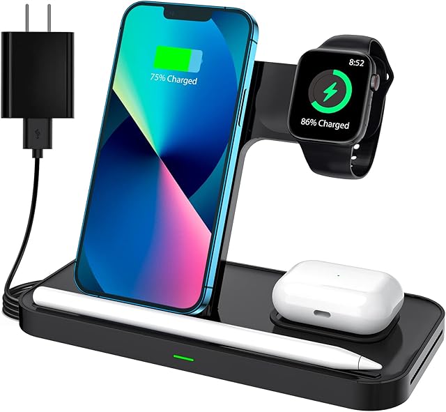 KKM Wireless Charger,15W 4 in 1 Fast Charger Station For iPhone 14/13/12/XR/X/8 series/iWatch 1-7/AirPods/Samsung S22/S21/S20/S10,Tidy Storage(iWatch Charging Cable Not Included)