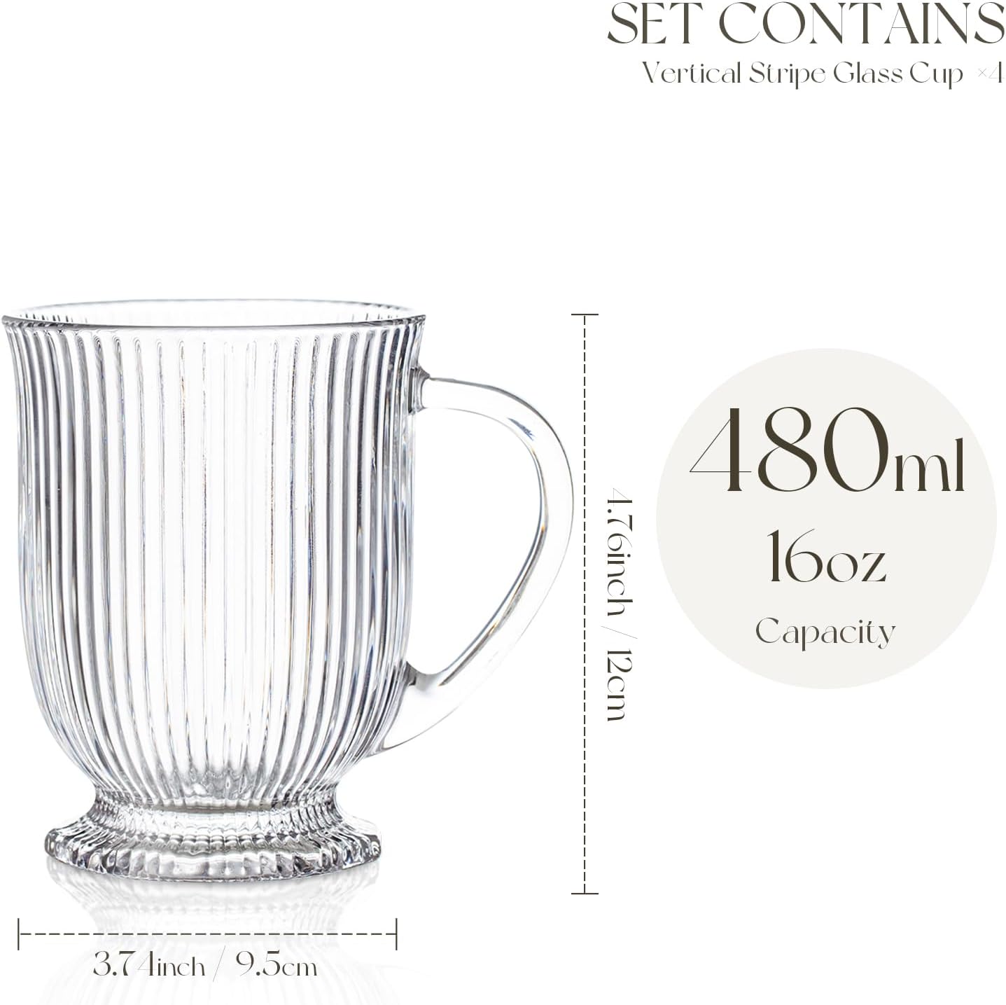 Glass Coffee Mugs Set of 4, Ribbed Large Coffee Mug 16 Oz With Handles for Hot Beverages, Clear Mugs for Tea, Cappuccino, Latte, Espresso Coffee, Glass Coffee Cups Large Coffee Mug, for Hot Beverages - Image 4