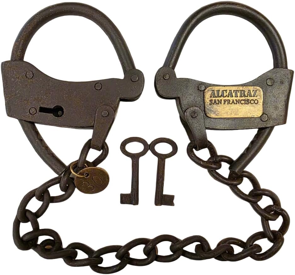 Alcatraz Prison San Francisco Iron Adjustable Handcuffs with Chain Serial Tag and Antique Finish (23" Long)