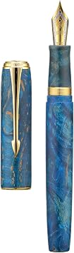 HONG DIAN A7 Stabilized Wood Fountain Pen, Extra Fine Nib Chinese Knot Carving Handcraft Pen with Converter and Metal Case Set (Galaxy Blue)