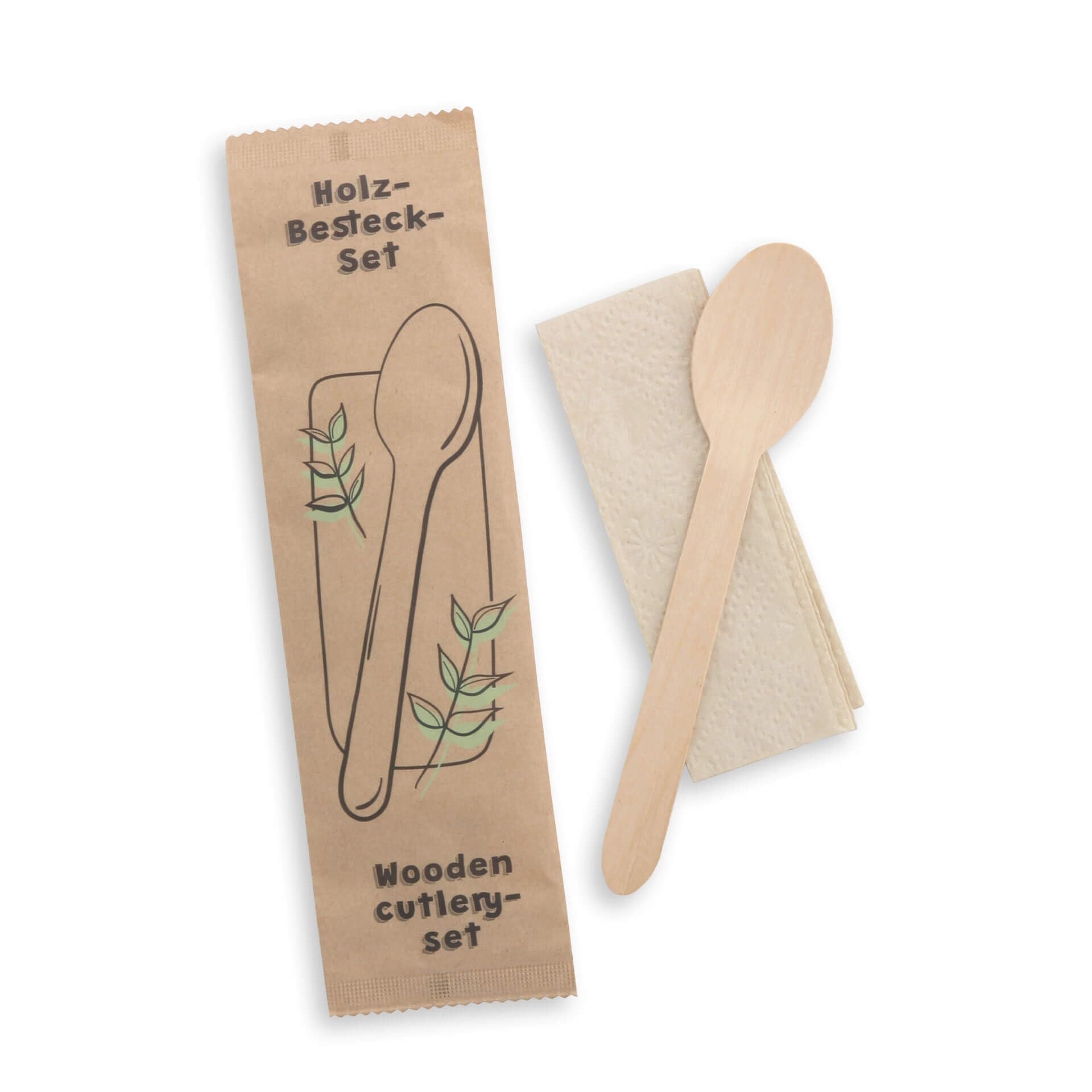 BIOZOYG houten bestekset mes, vork, lepel 16 cm met servet | Imbiss bestek biologisch afbreekbaar | feestbestek hygiënisch verpakt | houten eetbestek set outdoor grote verpakking 400 stuks