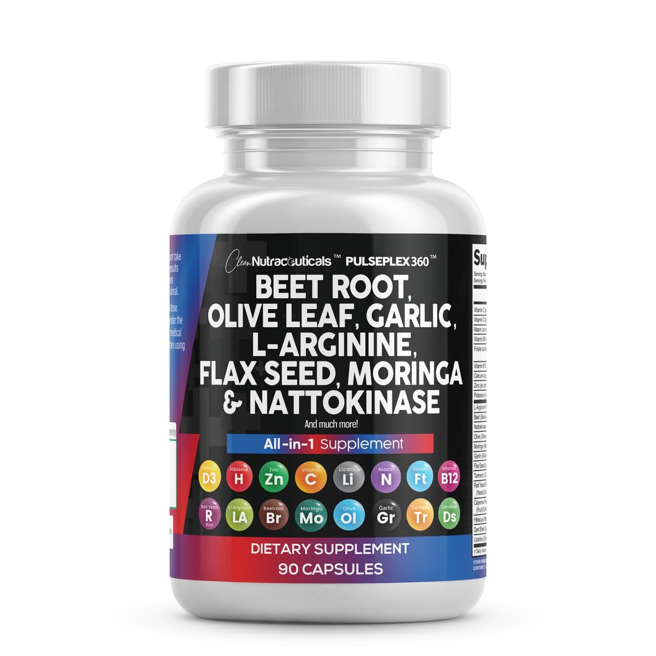 Clean NutraceuticalsBeet Root Capsules Olive Leaf Nattokinase Garlic Extract L-Arginine Omega 3 Red Yeast Rice Hibiscus Danshen - Healthy Support Supplement - 90 Ct