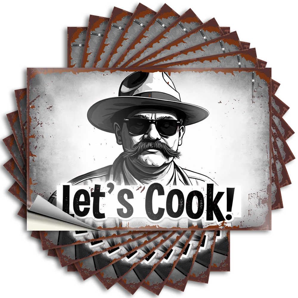 Farmhouse Porch Decor Hard Decals | Let's Cook! - Vintage Western Chef Poster Square Durable Vinyl Sticker Easy Apply for Colorful(6X9CM)