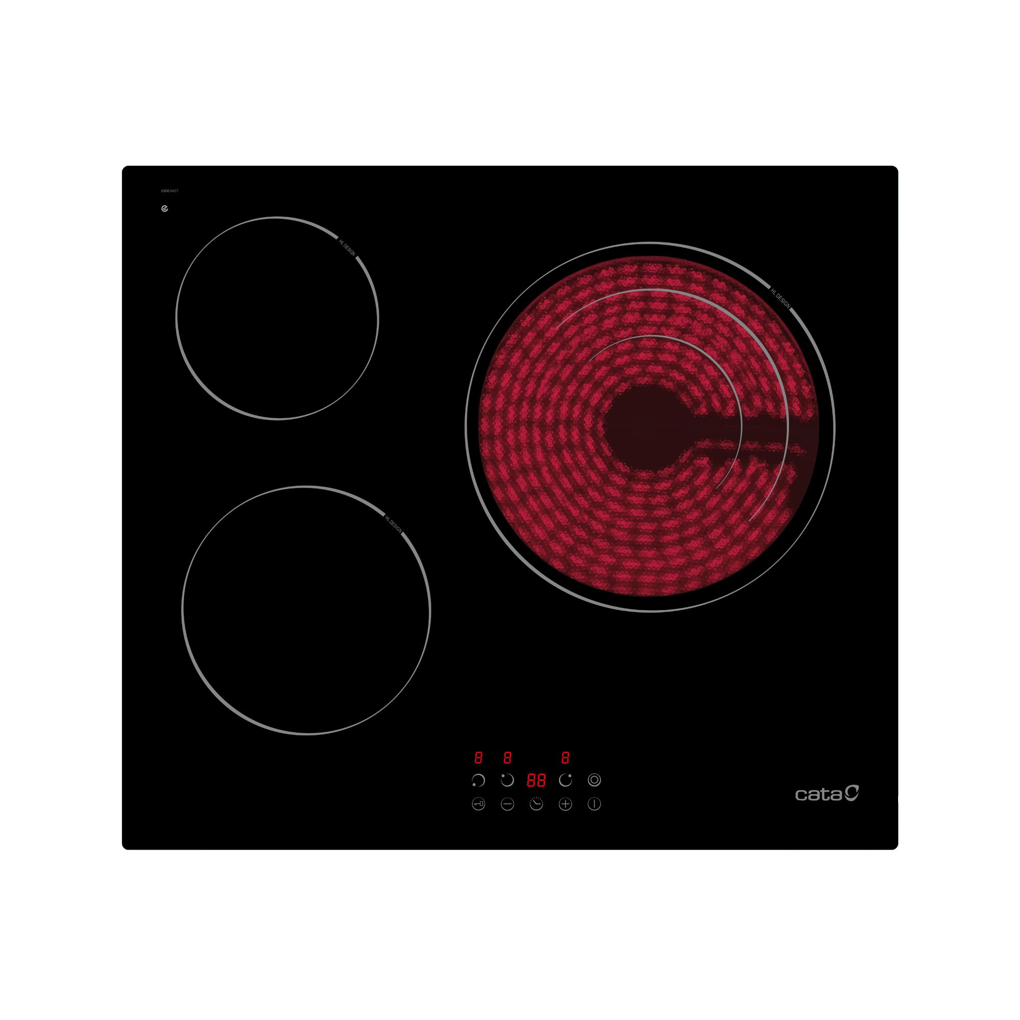 Cata Placa Vitrocerámica TZD 603/G con 3 Zonas de Cocción Hight Light y una Zona Gigante Triple con 9 Niveles de Potencia. Ancho de 59 cm con Desconexión automática y Bloqueo Infantil, Negra