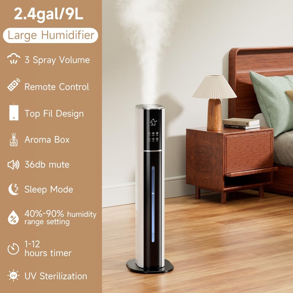 2.4gal/9L Bedroom Silent Humidifier Suitable for Large Room, 3-Speed Ultrasonic Cool Mist Humidifier，Suitable for Indoor Pet Friendly