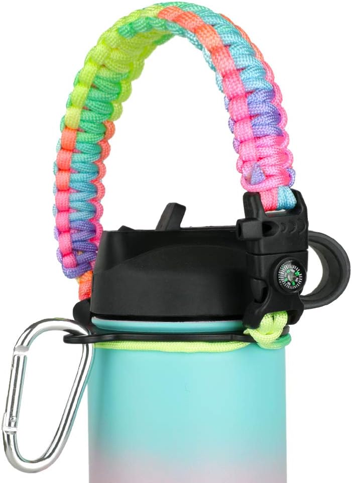 WEREWOLVES Paracord Handle - Fits Wide Mouth Bottles 12oz to 64oz - Durable Carrier, Paracord Carrier Strap Cord with Safety Ring,Compass and Carabiner - Ideal Water Bottle Handle Strap (Rainbow) : Sports & Outdoors